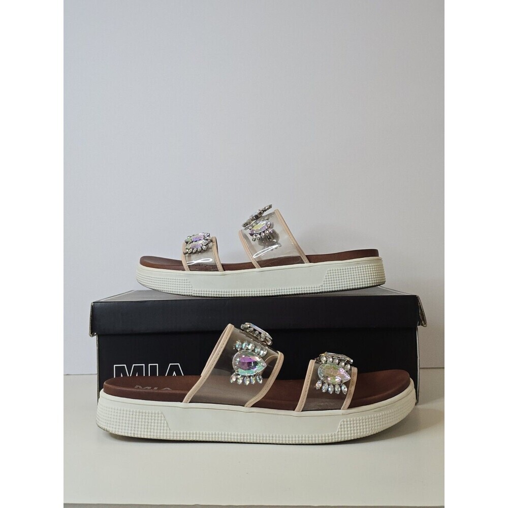 MIA Galina Platform Slide Sandals Clear Blush Iridescent Rhinestone Size 8.5